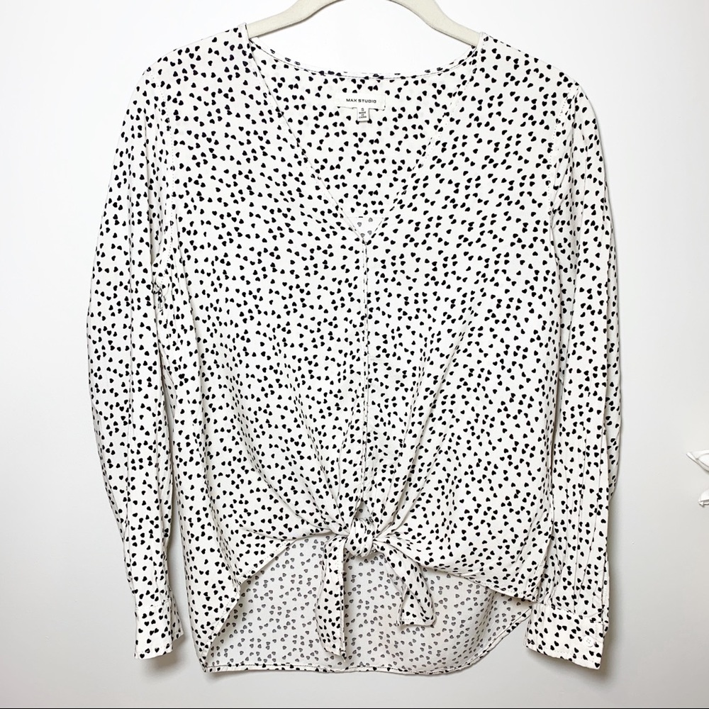 Max Studio Ivory Black Heart Tie Blouse